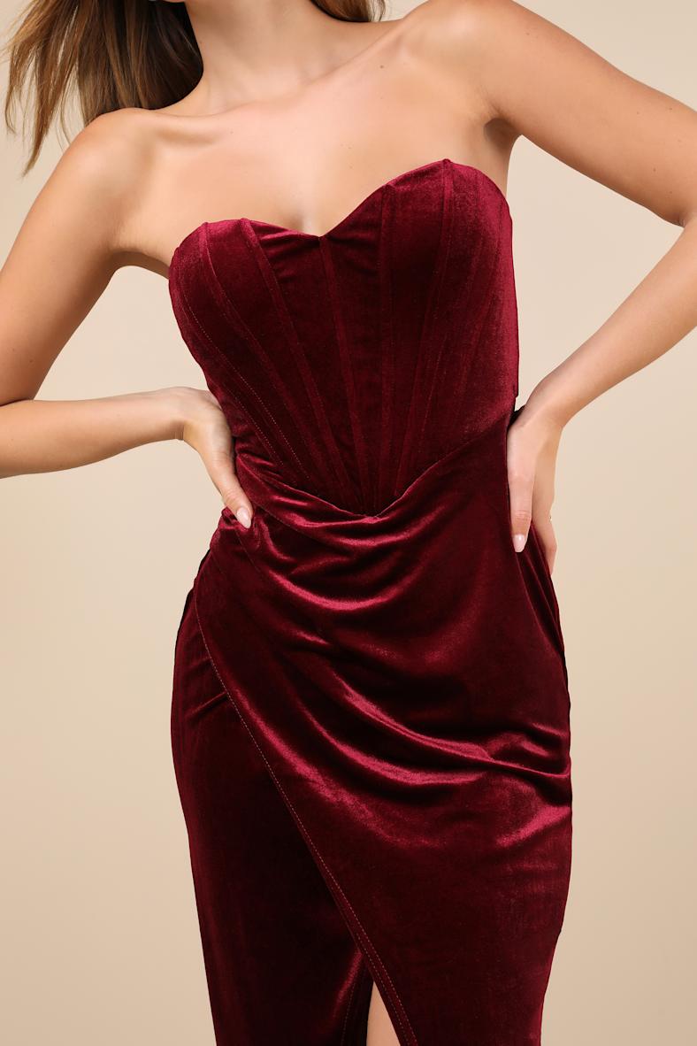 Masterfully Flirty Berry Red Velvet Bustier Midi Dress