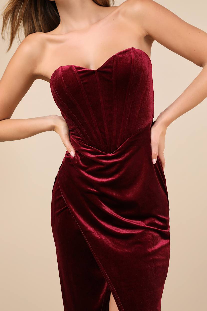 Berry Red Velvet Bustier Midi Dress | Womens | X-Small (Available in M, L) | 100% Polyester | Lulus | Holiday Dresses