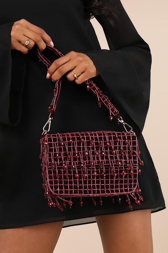 Elenna Dark Plum Purple Beaded Shoulder Bag 1