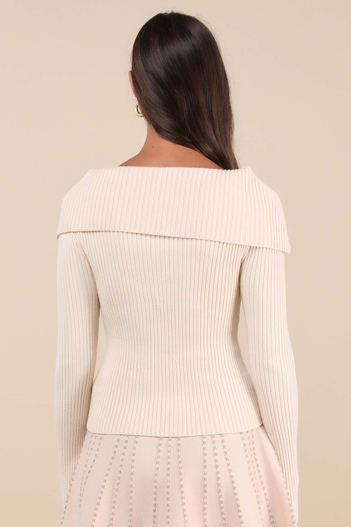 Chic Outcome Cream Ribbed Knit Collared Sweater Top