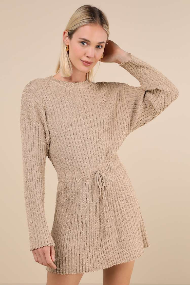 Considerable Charm Beige Boucle Knit Sweater Mini Dress Considerable Charm Beige Boucle Knit Sweater Mini Dress
