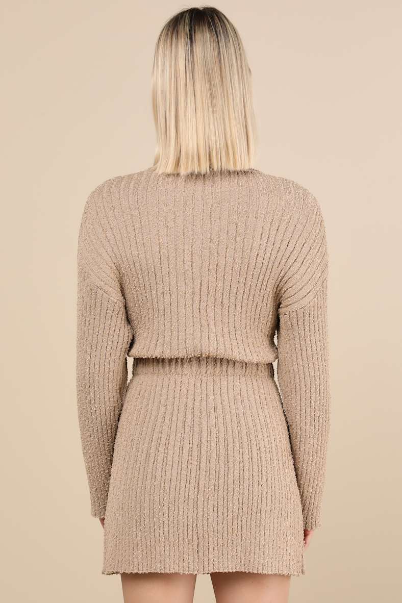 Considerable Charm Tan Boucle Knit Sweater Mini Dress