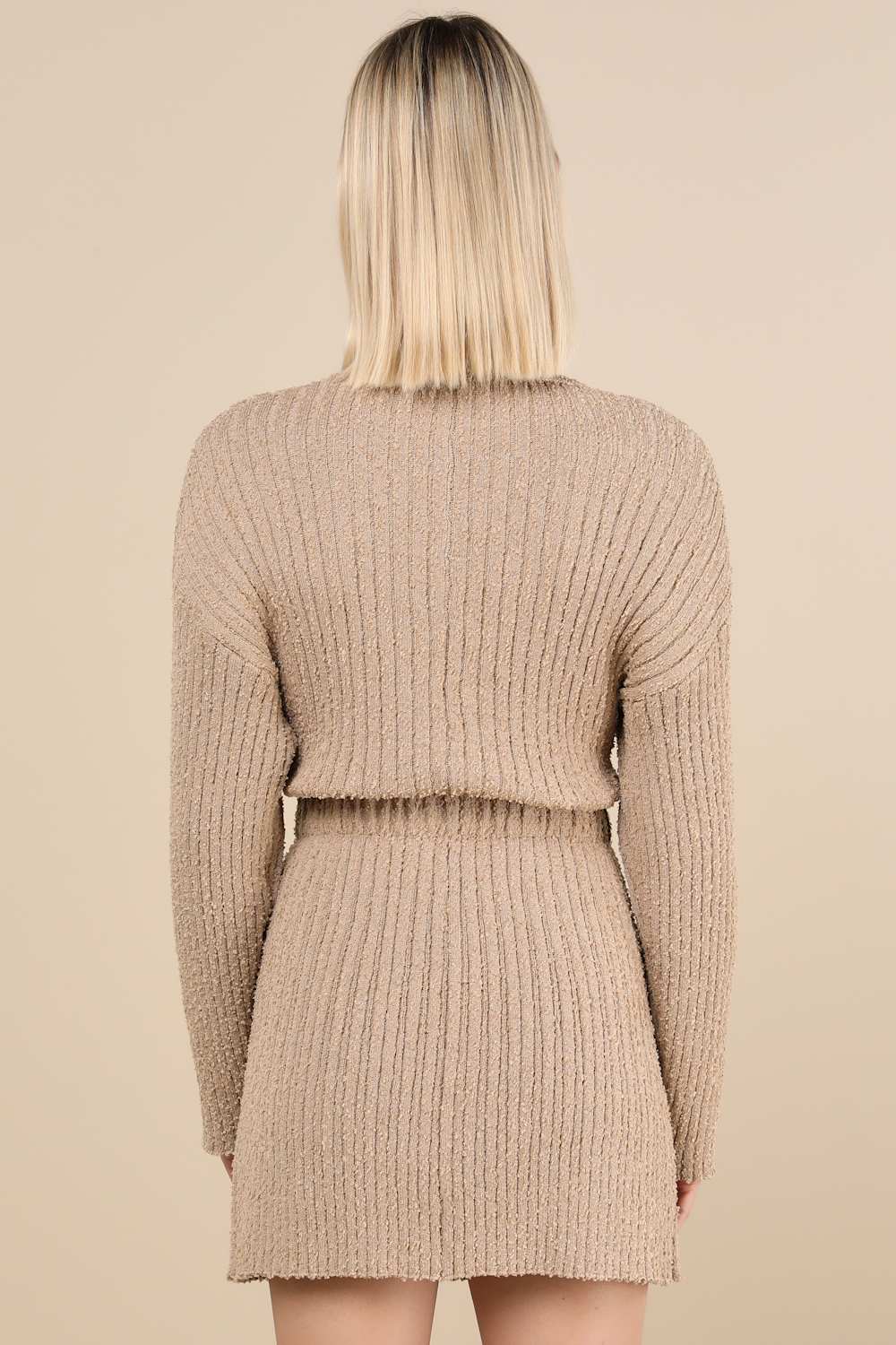 Considerable Charm Tan Boucle Knit Sweater Mini Dress