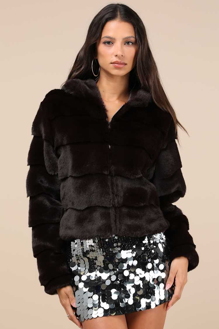 Dark Brown Faux Fur Jacket - Fur Zip-Up Jacket - Hooded Jacket - Lulus