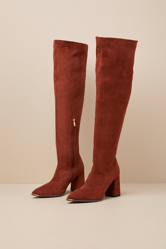 Lulus Bellwood Cognac Suede Pointed-toe Over-the-knee Boots In Brown