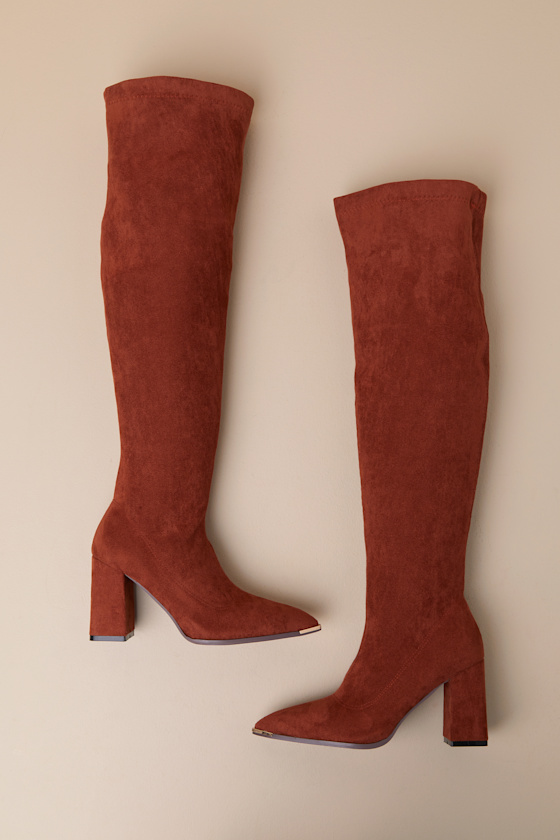 Lulus Bellwood Cognac Suede Pointed-toe Over-the-knee Boots In Brown