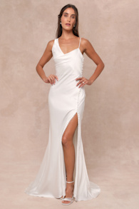 Unforgettable Adoration White Satin Asymmetrical Maxi Dress 1