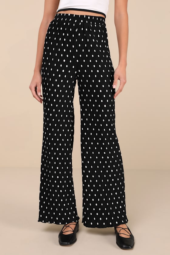 Lulus Marvelously Adorable Black Polka Dot Pleated High-rise Pants In Black