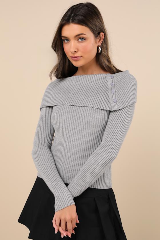 Chic Outcome Heather Grey Ribbed Knit Collared Sweater Top 1