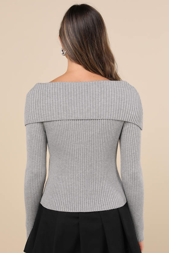Lulus Chic Outcome Heather Grey Ribbed Knit Collared Sweater Top In Heather Grey