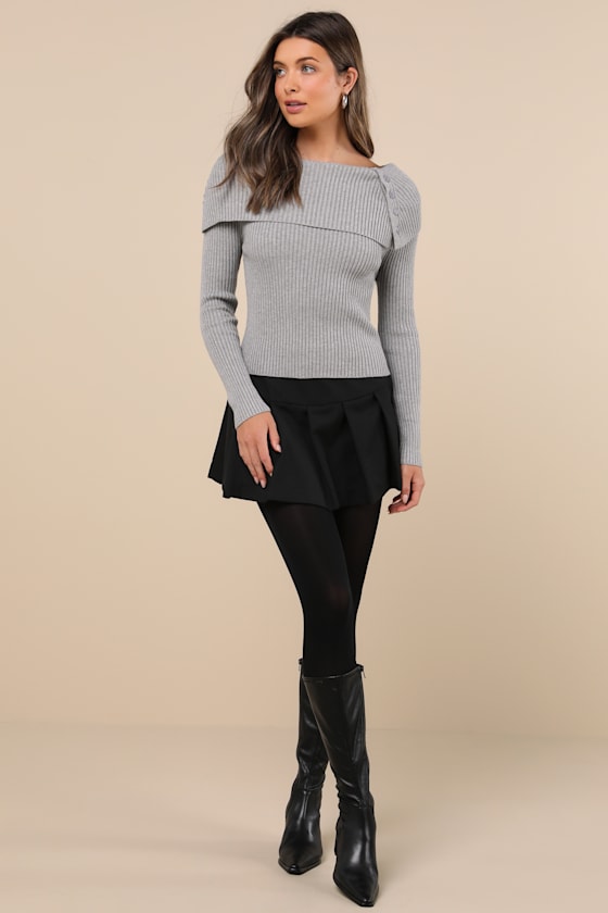 Lulus Chic Outcome Heather Grey Ribbed Knit Collared Sweater Top In Heather Grey