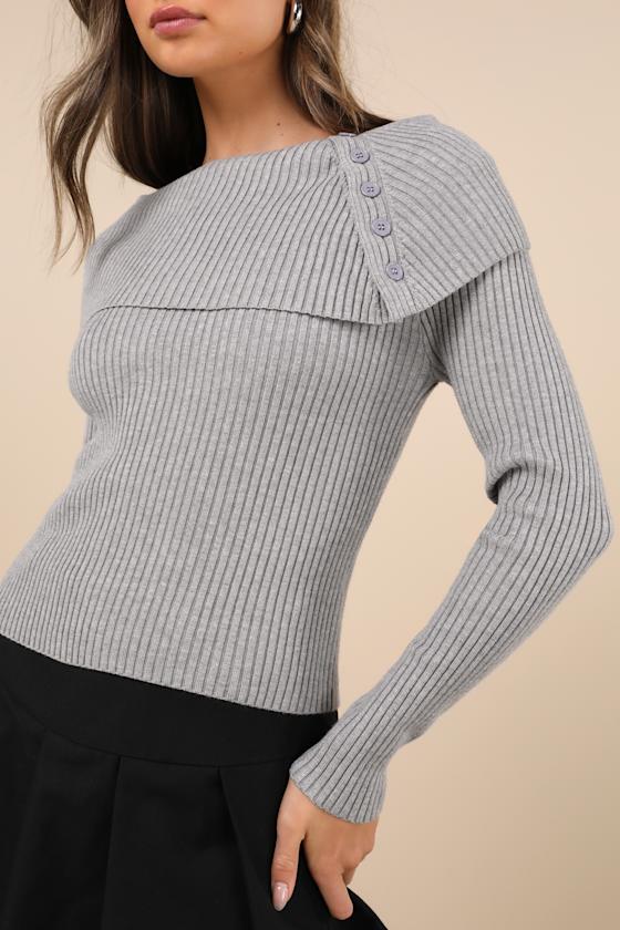 Lulus Chic Outcome Heather Grey Ribbed Knit Collared Sweater Top In Heather Grey
