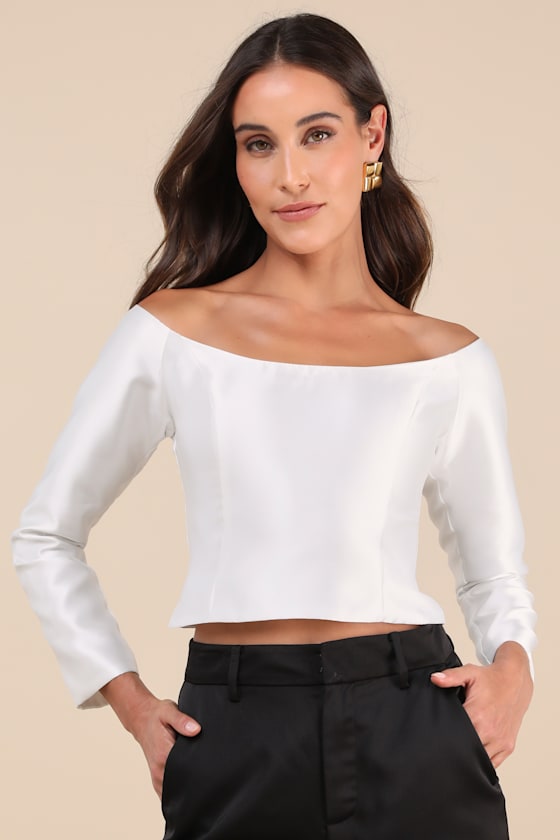 LULUS WHIMSICALLY ALLURING WHITE OFF-THE-SHOULDER CROP TOP
