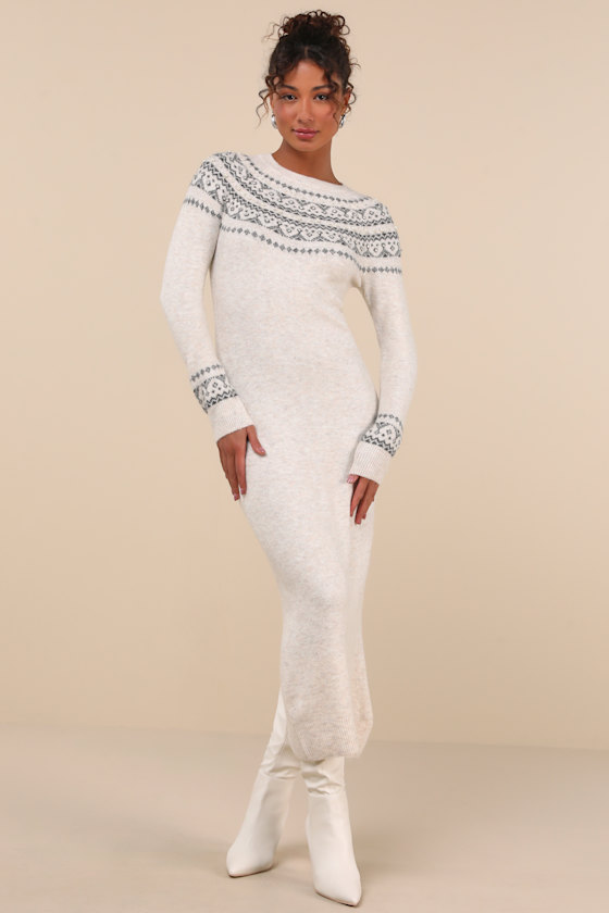 Lulus Dazzling Warmth Cream Marled Rhinestone Pearl Sweater Dress In Beige