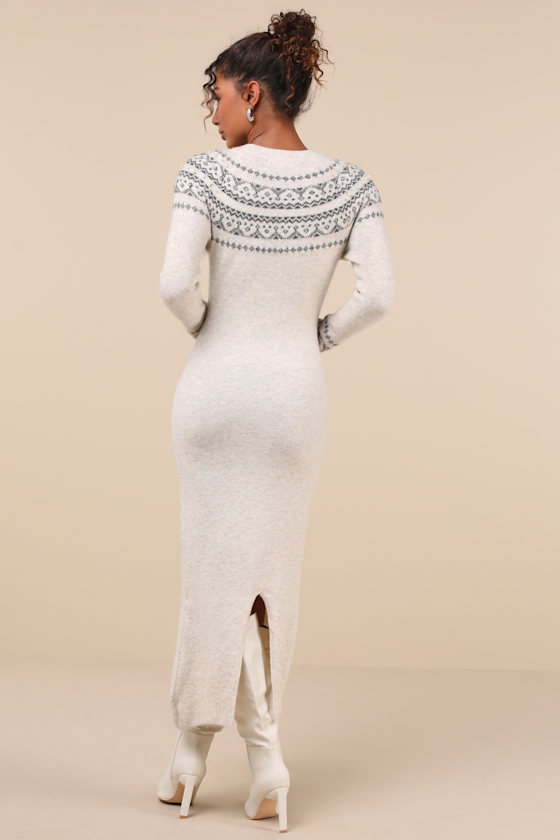 Lulus Dazzling Warmth Cream Marled Rhinestone Pearl Sweater Dress In Beige