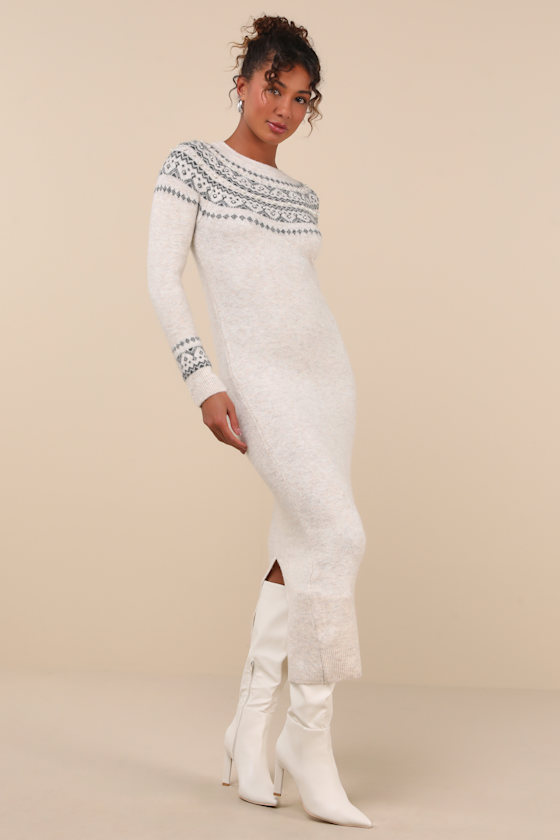 Lulus Dazzling Warmth Cream Marled Rhinestone Pearl Sweater Dress In Beige