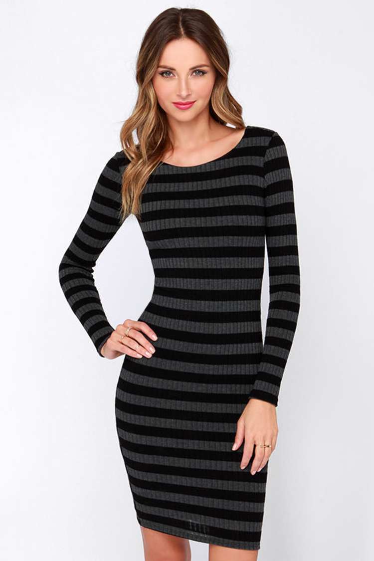 Cool Black and Grey Dress - Striped Dress - Long Sleeve Dress - Midi Dress  - $43.00 - Lulus