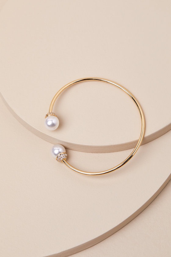 Gold Wire Bangle - Wire Pearl Bangle Bracelet - Pearl Gold Wire Bangle - Wire Pearl Bangle Bracelet - Pearl