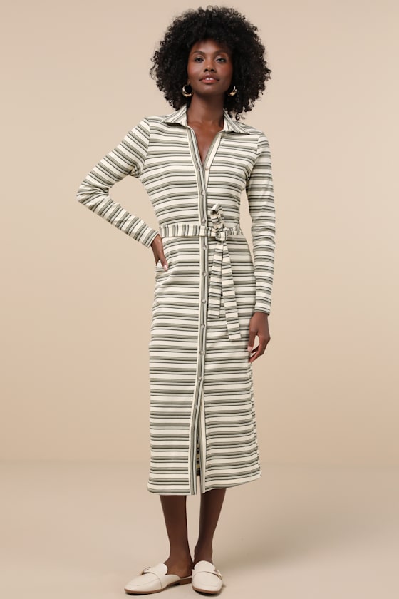 Lulus Favorite Potential Ivory And Olive Striped Ribbed Midi Dress In Ivory