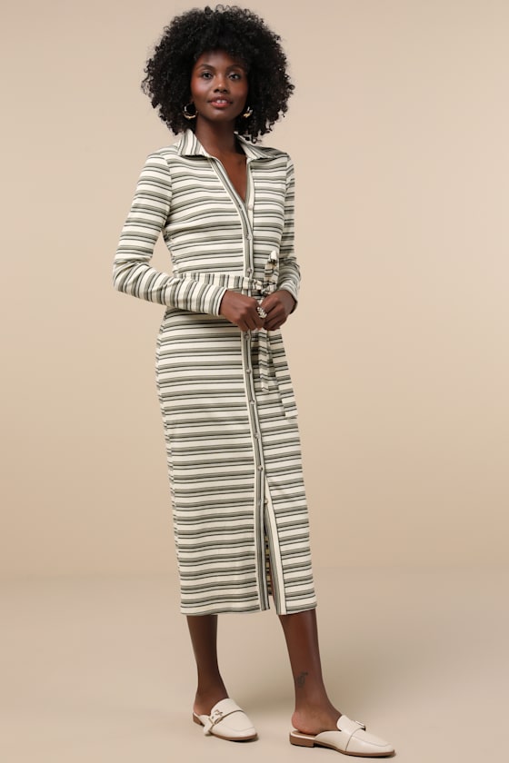Lulus Favorite Potential Ivory And Olive Striped Ribbed Midi Dress In Ivory