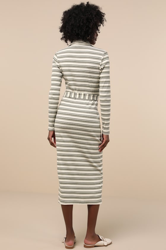 Lulus Favorite Potential Ivory And Olive Striped Ribbed Midi Dress In Ivory