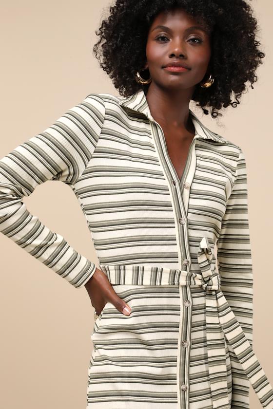 Lulus Favorite Potential Ivory And Olive Striped Ribbed Midi Dress In Ivory