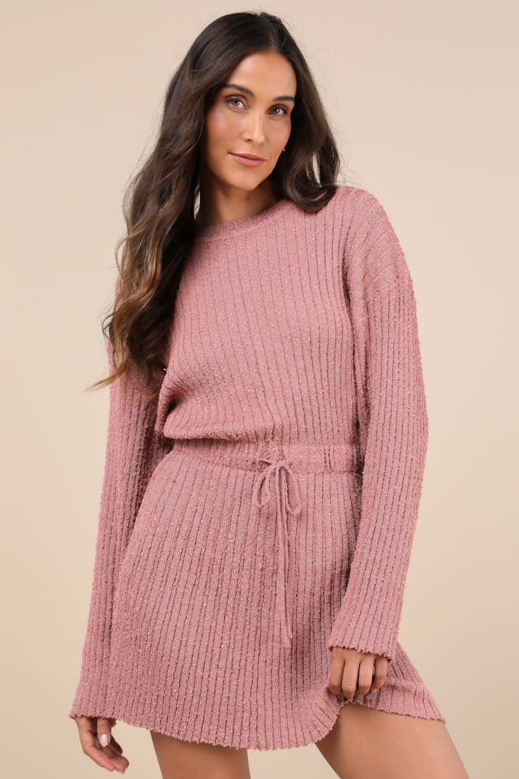 Considerable Charm Mauve Boucle Knit Sweater Mini Dress