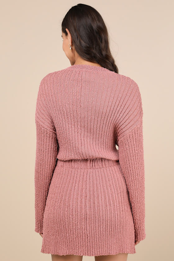 Lulus Considerable Charm Mauve Boucle Knit Sweater Mini Dress In Mauve