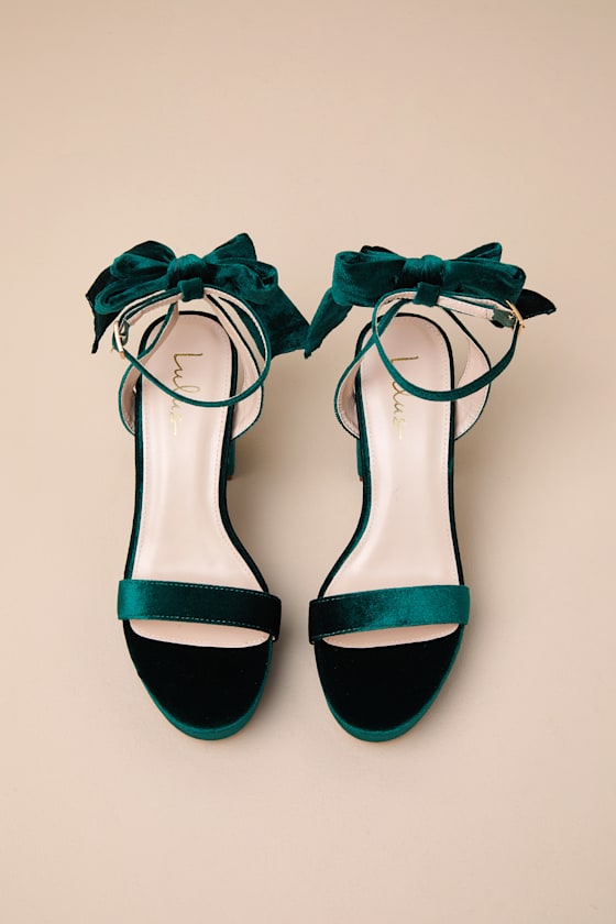 Lulus Sassyy Emerald Velvet Bow Platform Ankle Strap Sandals In Green