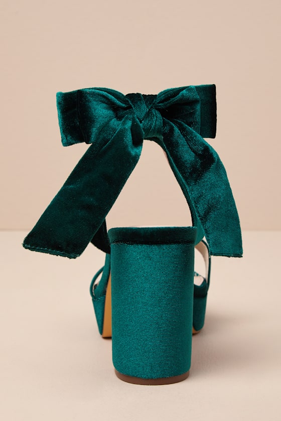 Lulus Sassyy Emerald Velvet Bow Platform Ankle Strap Sandals In Green