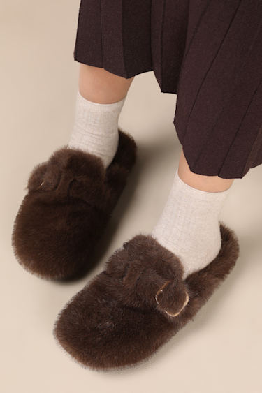 Steve Madden Bohan Brown Faux Fur Slides Buckle Mule Slides