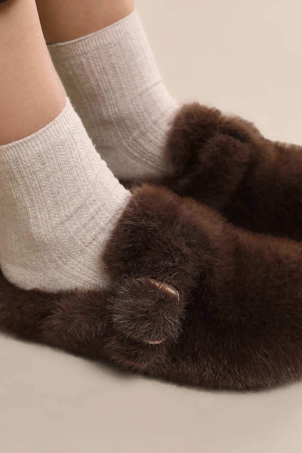 Bohan Brown Faux Fur Buckle Mule Slides