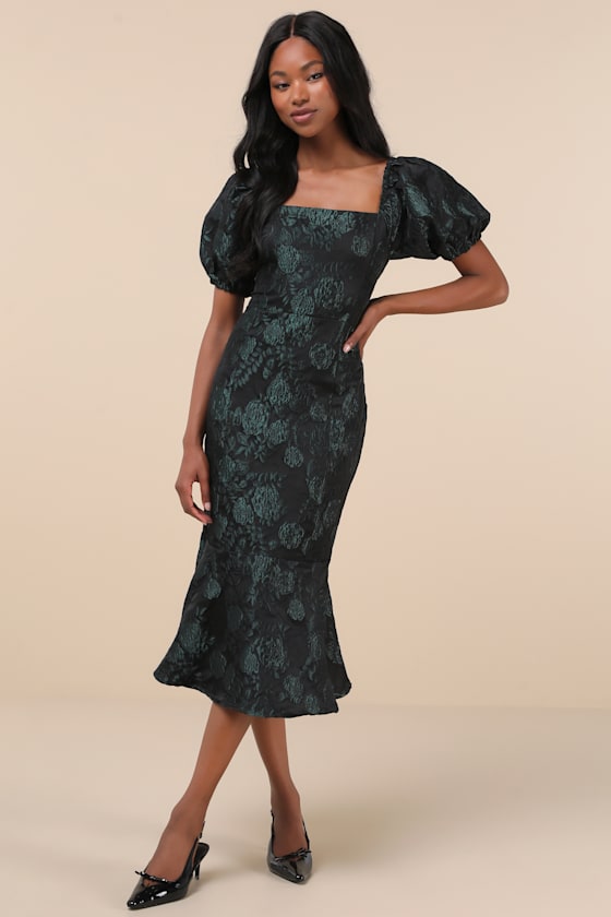 Image of Majorly Fabulous Black and Emerald Trumpet Midi Dress