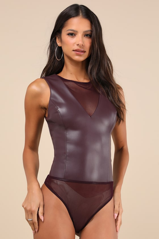LULUS EXCEPTIONALLY IMPRESSIVE PLUM VEGAN LEATHER SLEEVELESS BODYSUIT