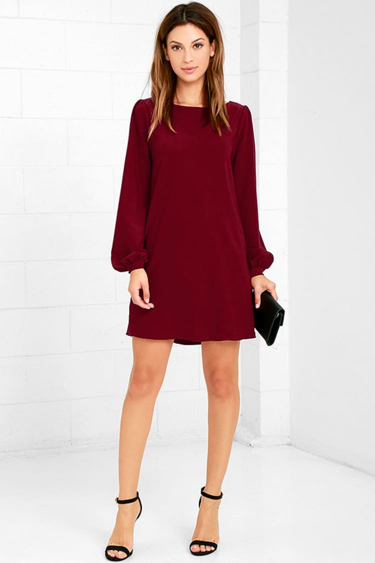 Perfect Situation Burgundy Long Sleeve Shift Dress