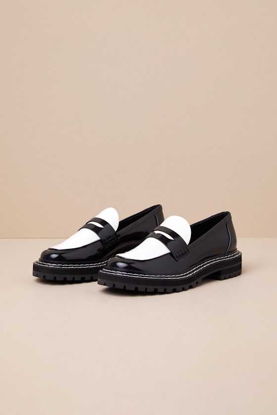 D'amelio Footwear Prescia Black And Bright White Patent Loafers In Black