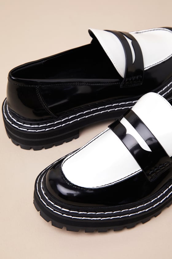 D'amelio Footwear Prescia Black And Bright White Patent Loafers In Black