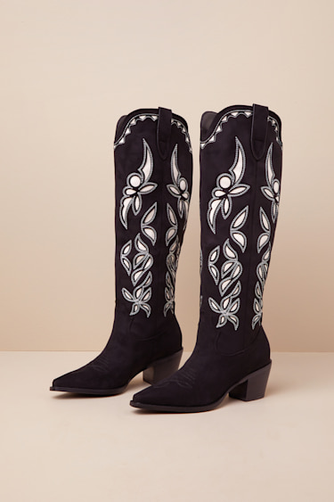 Della Black Suede Knee-High Western Boots