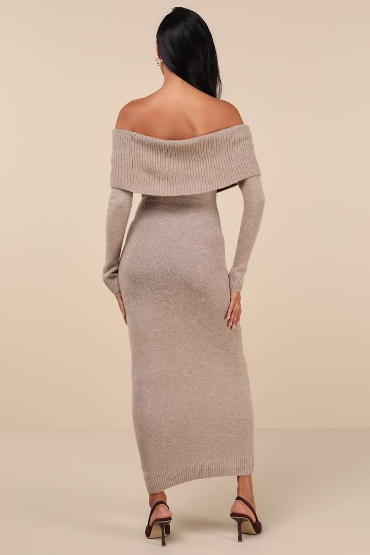 Cozy Excellence Heather Beige Off-the-Shoulder Sweater Dress