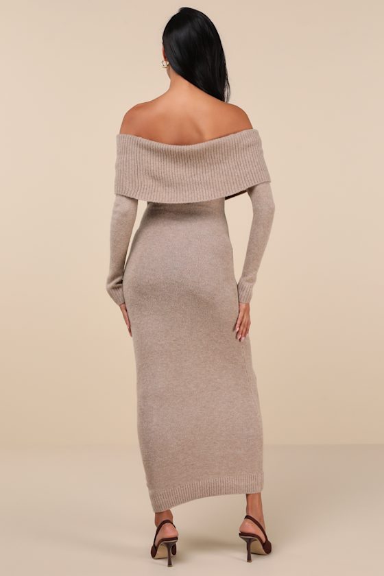 Cozy Excellence Heather Beige Off-the-Shoulder Sweater Dress 4