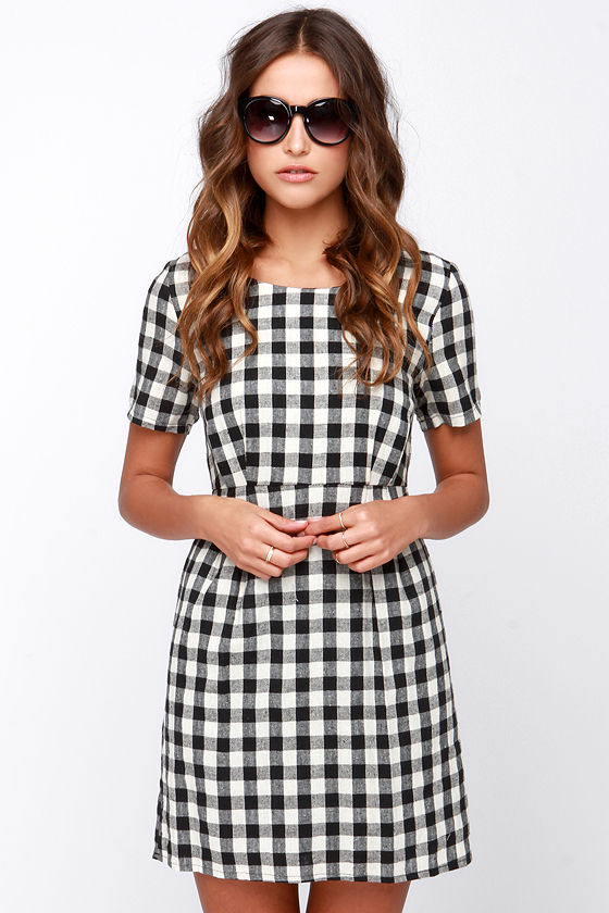 black and white checkered overall dress