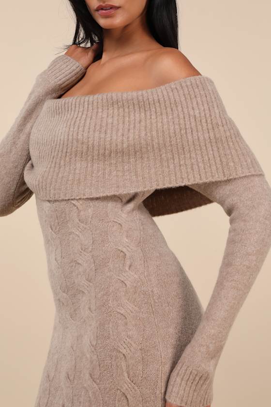 Lulus Cozy Excellence Heather Beige Off-the-shoulder Sweater Dress In Beige