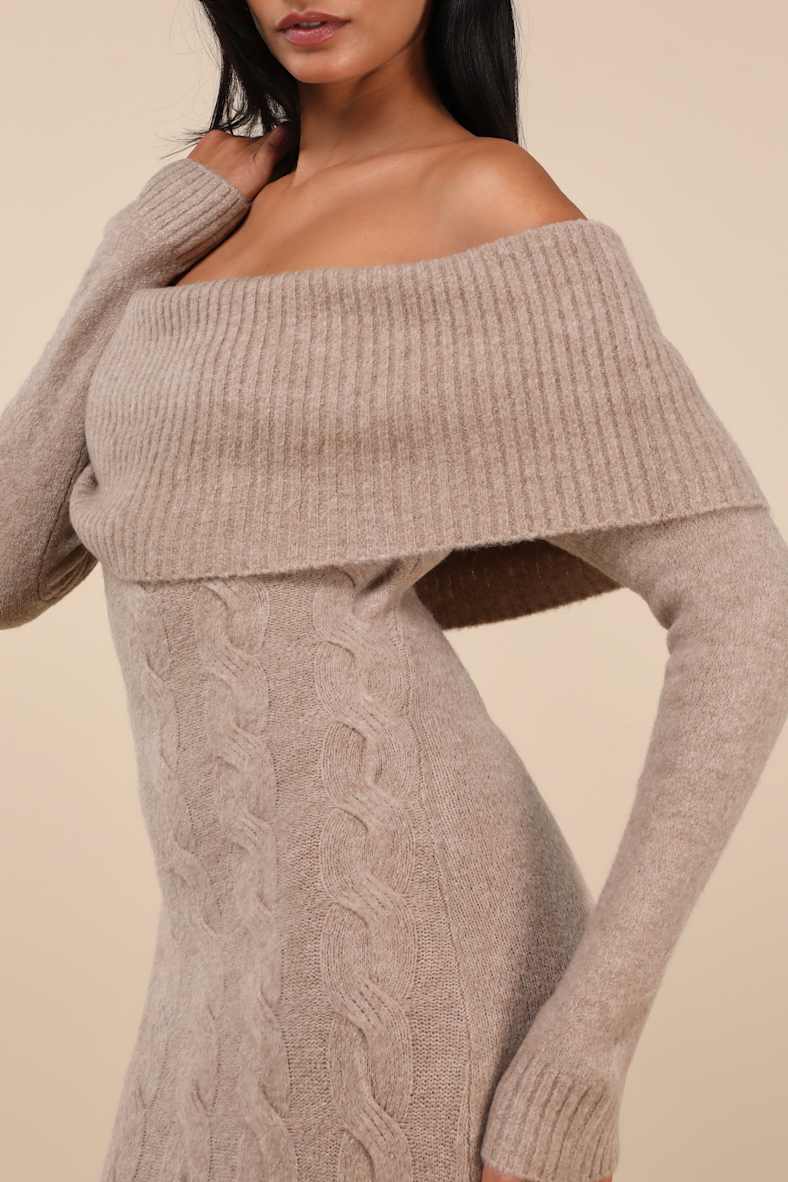 Cozy Excellence Heather Beige Off-the-Shoulder Sweater Dress