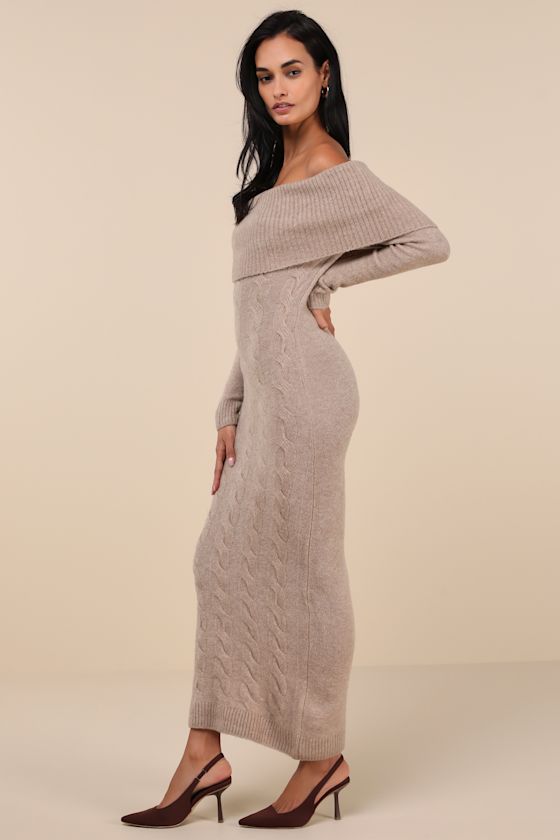 Lulus Cozy Excellence Heather Beige Off-the-shoulder Sweater Dress In Beige