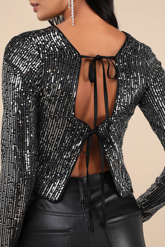 Lulus Exquisite Glow Black And Silver Sequin Tie-back Top In Black And Silver