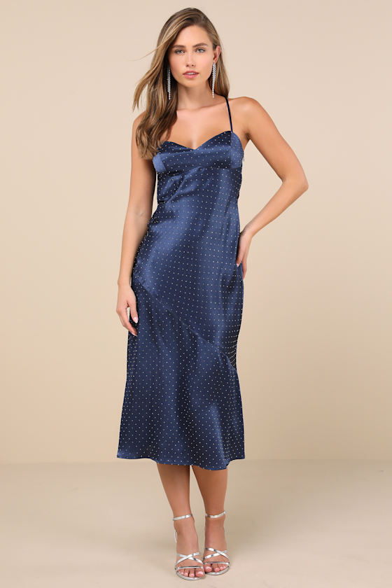 Lulus Certainly Flawless Navy Satin Rhinestone Cowl Back Midi Dress In Navy