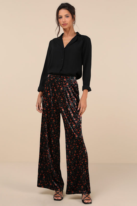 Chic Splendor Black Floral Velvet High Rise Wide-Leg Pants 1