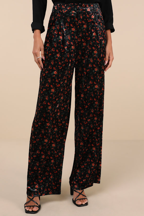 Chic Splendor Black Floral Velvet High Rise Wide-Leg Pants 2