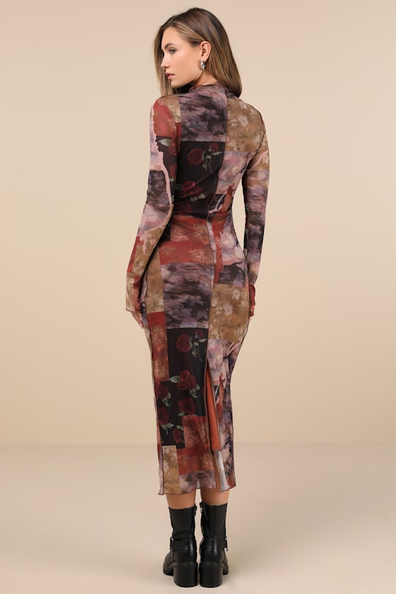 Aesthetic Adoration Multi Floral Mesh Long Sleeve Midi Dress