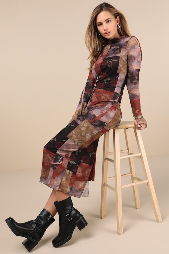 Lulus Aesthetic Adoration Multi Floral Mesh Long Sleeve Midi Dress